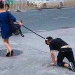 ¡Jamás visto! Mujer pasea a un hombre encadenado como perro (VIDEO) Mujer paseando a un hombre como si fuera un perro