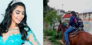 Quinceañera va a caballo a la escuela 