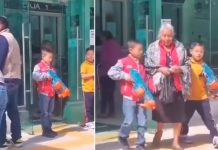 Niños escoltan a su abuelita hasta el banco