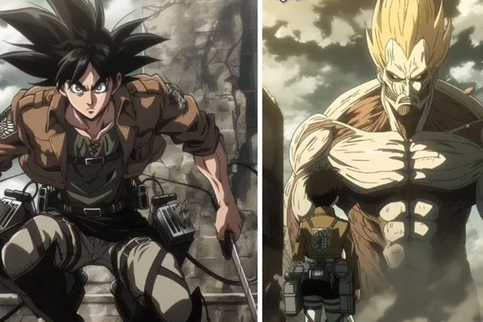 Foto:Serie de ilustraciones: ¿Qué pasaría si Goku se enfrentara a un Titán?/Cortesía