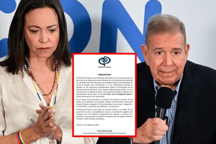 1 Fiscalía de Venezuela inicia investigación penal contra María Corina Machado y Edmundo González