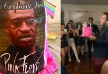 Estudiantes se burlan de George Floyd en fiesta y provocan rechazo (VIDEO) Foto: sostener una torta con la foto de Floyd/Cortesía