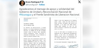 Foto: Canciller Bruno Rodríguez expresa gratitud por el mensaje de apoyo de Nicaragua/Cortesía