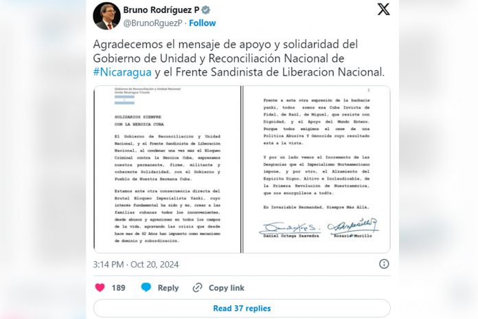 1 Foto: Canciller Bruno Rodríguez expresa gratitud por el mensaje de apoyo de Nicaragua/Cortesía