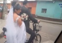 Recién casados se viralizan con su romántico paseo en bicicleta Foto: Amor de recién casados /cortesía