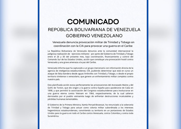 Foto: Venezuela denuncia provocación militar de Trinidad y Tobago bajo coordinación de la CIA/Cortesía