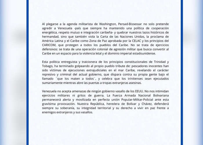 Foto: Venezuela denuncia provocación militar de Trinidad y Tobago bajo coordinación de la CIA/Cortesía