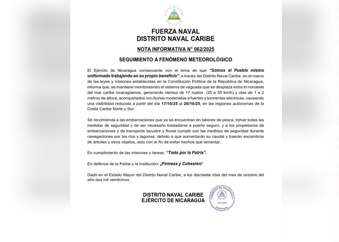 Foto: Fuerza Naval mantiene vigilancia sobre fenómeno meteorológico en el Caribe nicaragüense/TN8