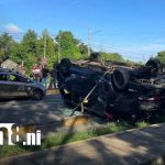 Vivos de milagro tras accidente entre bus, interlocal y motociclista en Masaya oto: Fuerte accidente en Carretera Masaya - Catarina / TN8