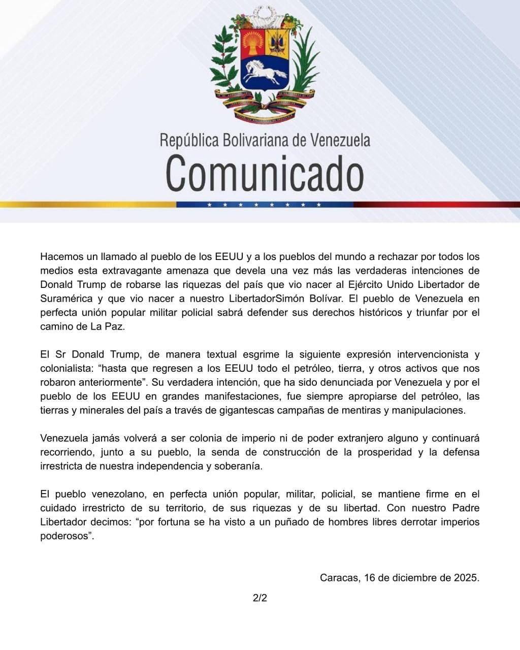 Foto: Venezuela responde a Trump: “No entregaremos nuestras riquezas”/Cortesia