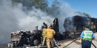Foto: Rastra cargada con zacate queda reducida a cenizas en León /TN8