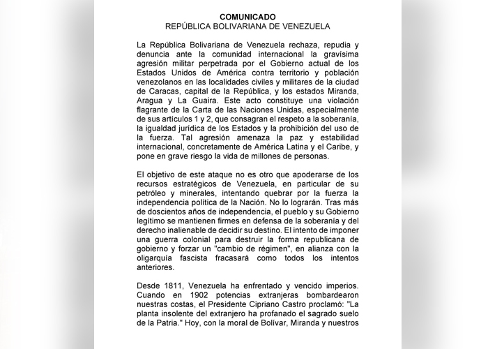 Gobierno de Venezuela condena bombardeos en Caracas y varios estados del país