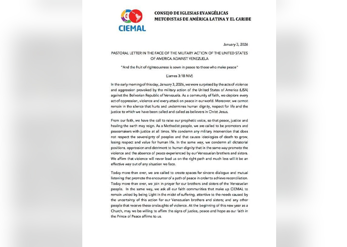 Foto: Consejo de Iglesias Metodistas rechaza intervención en Venezuela y llama a la paz/Cortesía