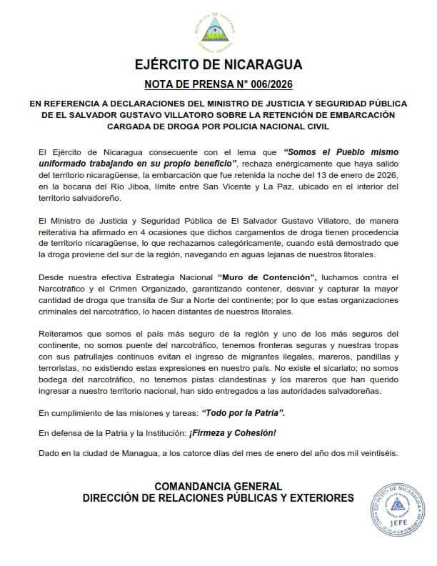 Foto: Ejército de Nicaragua rechaza declaraciones de El Salvador sobre embarcación retenida / Cortesía