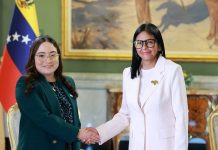 Delcy Rodríguez, Presidenta Encargada de Venezuela, recibe a nueva Embajadora de Nicaragua Foto: La presidenta encargada Delcy Rodríguez recibió a la Embajadora de Nicaragua ante la República Bolivariana de Venezuela, Valezka López Herrera.