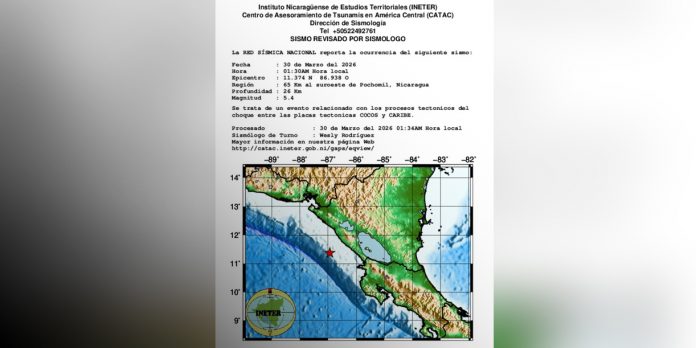 Foto: Sismo de magnitud 5.4 sacude el Pacífico nicaragüense la madrugada de este lunes/Cortesía