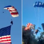 Impactante aterrizaje: paracaidista cae tras enredarse su bandera de EE.UU. en Folsom (VIDEO) Foto: Paracaidista cae tras enredarse bandera en Folsom/Cortesía