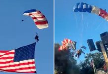 Foto: Paracaidista cae tras enredarse bandera en Folsom/Cortesía