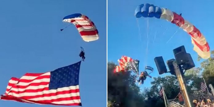 1.2 Foto: Paracaidista cae tras enredarse bandera en Folsom/Cortesía